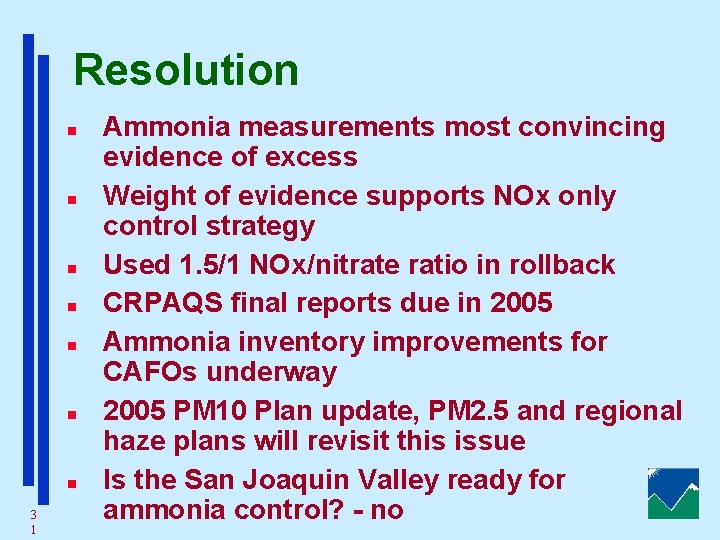 Resolution n n n 3 1 Ammonia measurements most convincing evidence of excess Weight