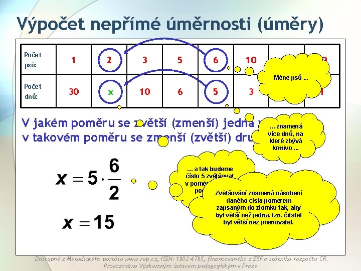 Výpočet nepřímé úměrnosti (úměry) Počet psů: 1 2 3 5 6 10 15 30