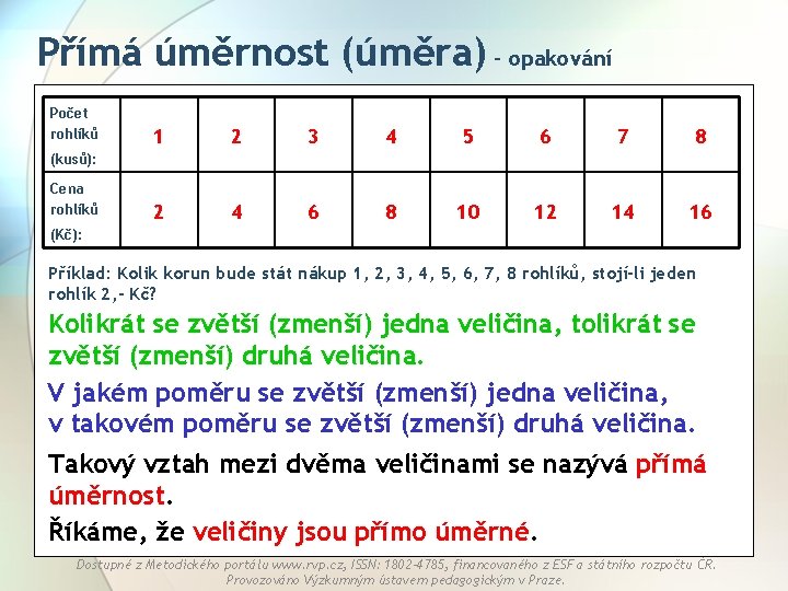 Přímá úměrnost (úměra) - opakování Počet rohlíků 1 2 3 4 5 6 7