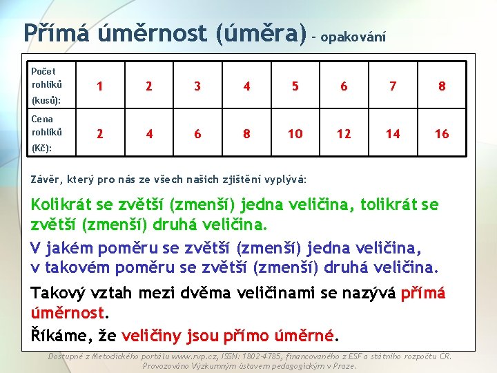 Přímá úměrnost (úměra) - opakování Počet rohlíků 1 2 3 4 5 6 7