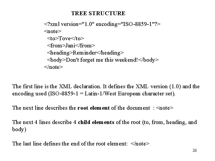 TREE STRUCTURE <? xml version="1. 0" encoding="ISO-8859 -1"? > <note> <to>Tove</to> <from>Jani</from> <heading>Reminder</heading> <body>Don't TREE STRUCTURE <? xml version="1. 0" encoding="ISO-8859 -1"? > <note> <to>Tove</to> <from>Jani</from> <heading>Reminder</heading> <body>Don't
