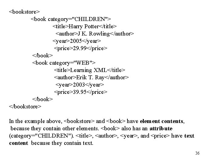 <bookstore> <book category="CHILDREN"> <title>Harry Potter</title> <author>J K. Rowling</author> <year>2005</year> <price>29. 99</price> </book> <book category="WEB"> <bookstore> <book category="CHILDREN"> <title>Harry Potter</title> <author>J K. Rowling</author> <year>2005</year> <price>29. 99</price> </book> <book category="WEB">