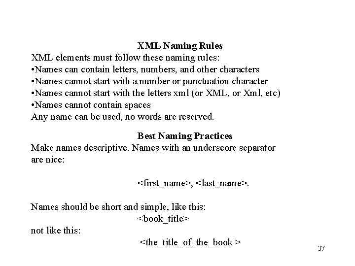 XML Naming Rules XML elements must follow these naming rules: • Names can contain XML Naming Rules XML elements must follow these naming rules: • Names can contain
