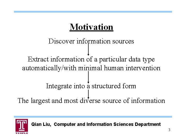 Motivation Discover information sources Extract information of a particular data type automatically/with minimal human