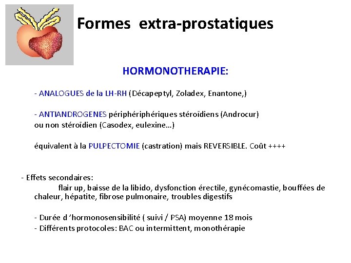 Formes extra-prostatiques HORMONOTHERAPIE: - ANALOGUES de la LH-RH (Décapeptyl, Zoladex, Enantone, ) - ANTIANDROGENES