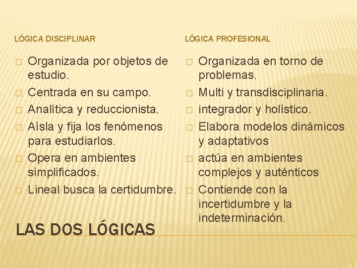 LÓGICA DISCIPLINAR � � � Organizada por objetos de estudio. Centrada en su campo.