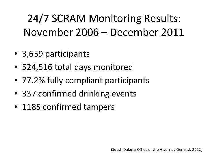 24/7 SCRAM Monitoring Results: November 2006 – December 2011 • • • 3, 659