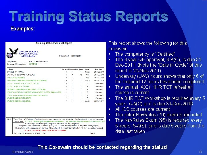 Training Status Reports Examples: This report shows the following for this coxswain. • The