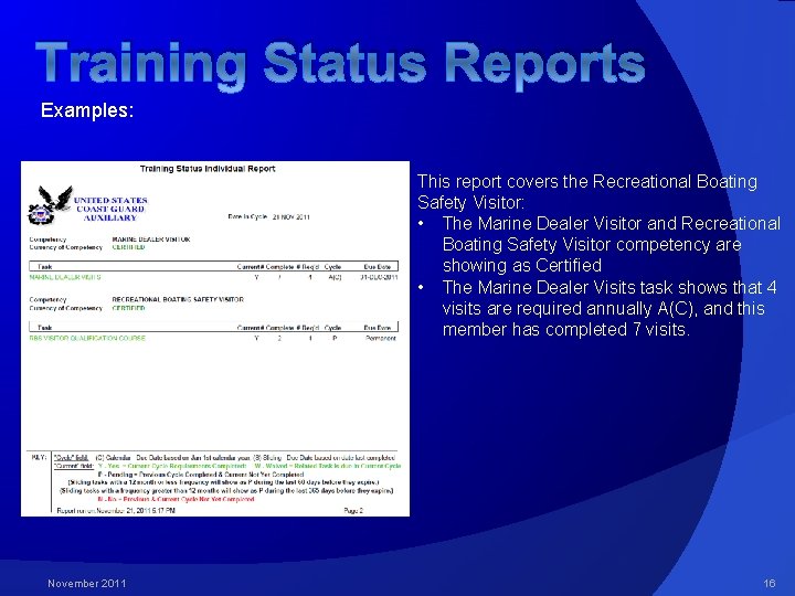 Training Status Reports Examples: This report covers the Recreational Boating Safety Visitor: • The