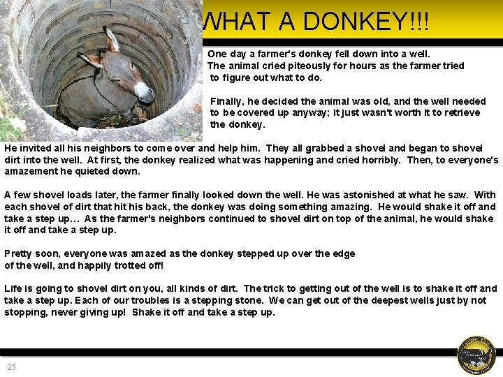 WHAT A DONKEY!!! One day a farmer's donkey fell down into a well. The WHAT A DONKEY!!! One day a farmer's donkey fell down into a well. The
