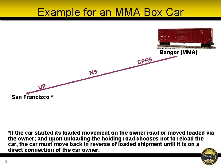 Example for an MMA Box Car Bangor (MMA) CPRS NS UP San Francisco * Example for an MMA Box Car Bangor (MMA) CPRS NS UP San Francisco *