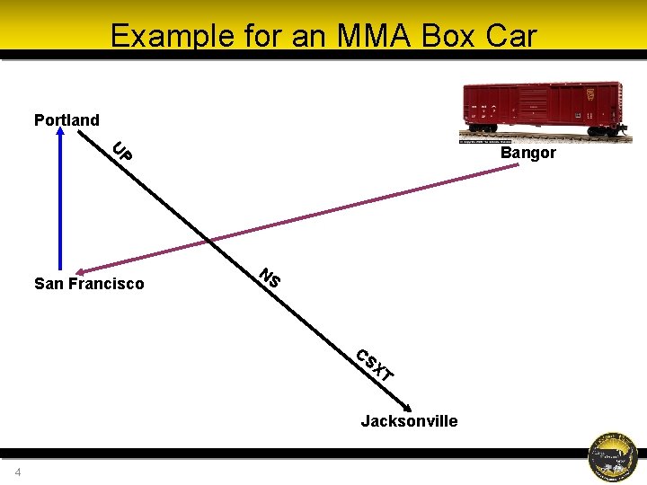 Example for an MMA Box Car Portland UP Bangor San Francisco NS CS XT Example for an MMA Box Car Portland UP Bangor San Francisco NS CS XT