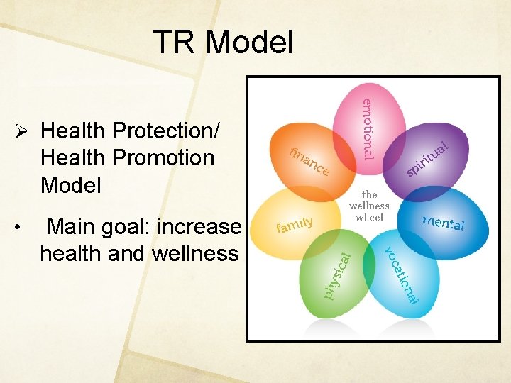 TR Model Ø Health Protection/ Health Promotion Model • Main goal: increase health and
