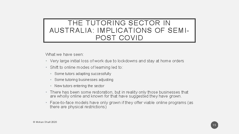 THE TUTORING SECTOR IN AUSTRALIA: IMPLICATIONS OF SEMIPOST COVID What we have seen: • THE TUTORING SECTOR IN AUSTRALIA: IMPLICATIONS OF SEMIPOST COVID What we have seen: •