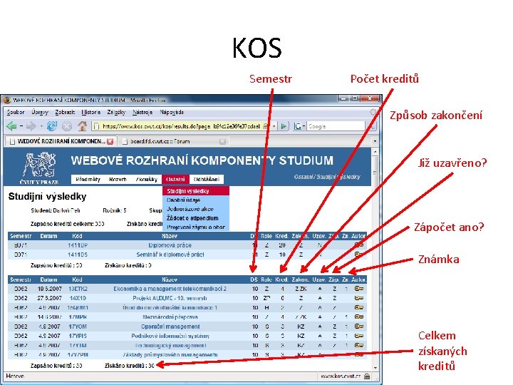 KOS Semestr Počet kreditů Způsob zakončení Již uzavřeno? Zápočet ano? Známka Celkem získaných kreditů KOS Semestr Počet kreditů Způsob zakončení Již uzavřeno? Zápočet ano? Známka Celkem získaných kreditů