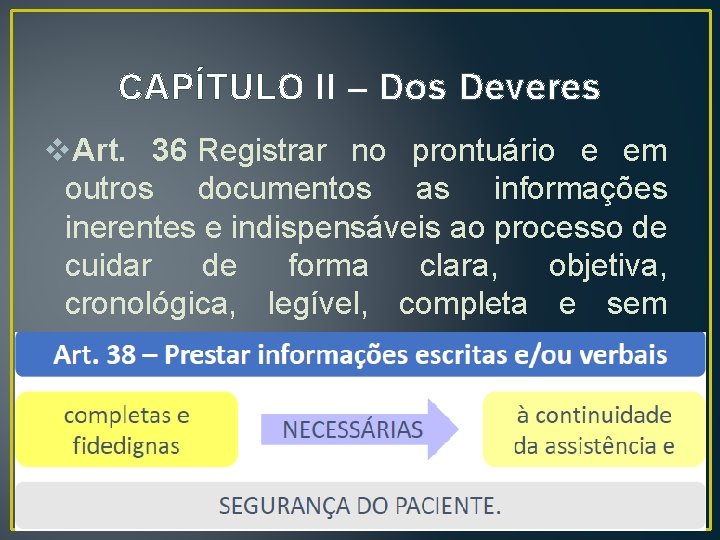 CAPÍTULO II – Dos Deveres v. Art. 36 Registrar no prontuário e em outros CAPÍTULO II – Dos Deveres v. Art. 36 Registrar no prontuário e em outros