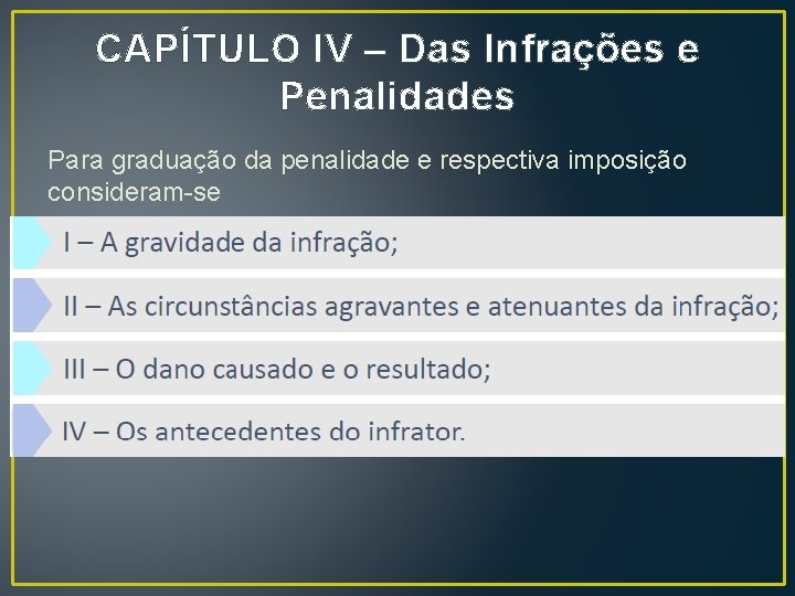CAPÍTULO IV – Das Infrações e Penalidades Para graduação da penalidade e respectiva imposição CAPÍTULO IV – Das Infrações e Penalidades Para graduação da penalidade e respectiva imposição