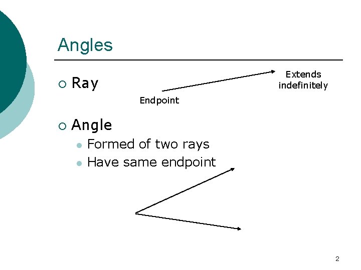 Angles ¡ Extends indefinitely Ray Endpoint ¡ Angle l l Formed of two rays
