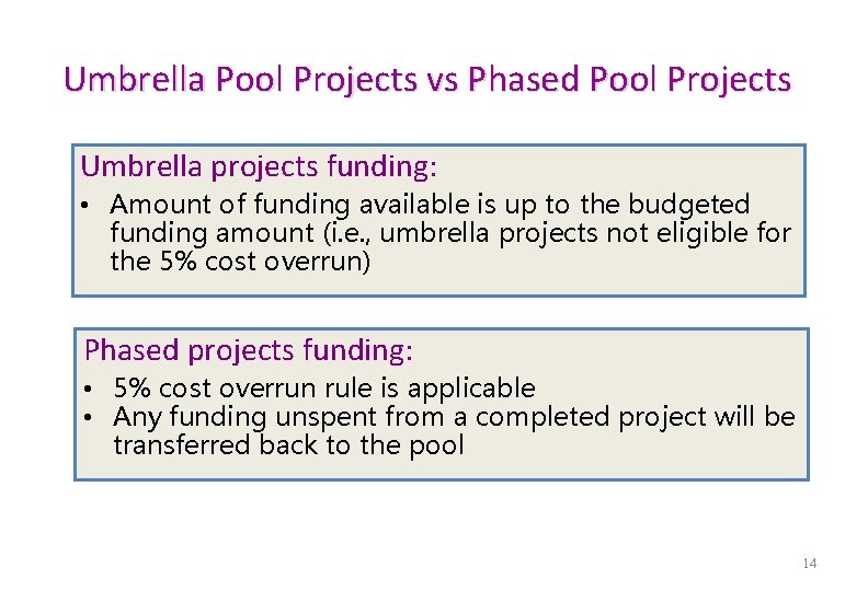 Umbrella Pool Projects vs Phased Pool Projects Umbrella projects funding: • Amount of funding