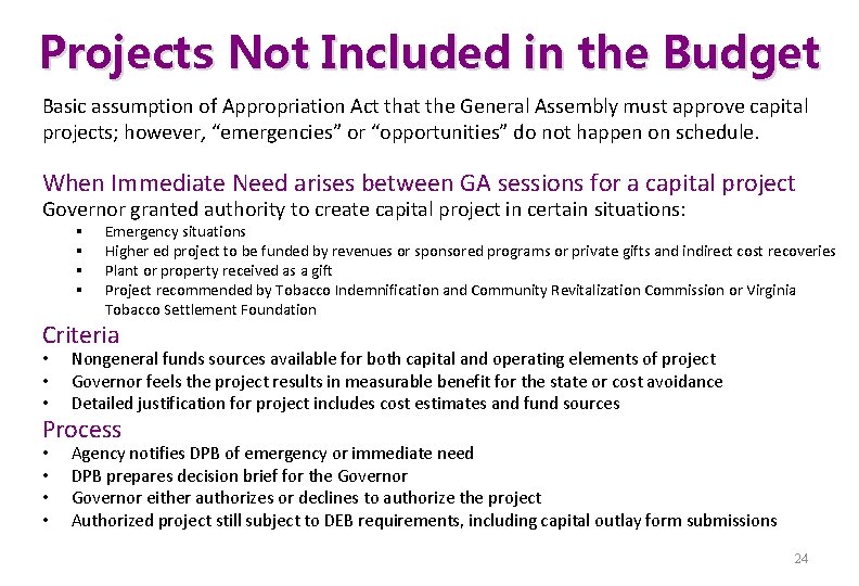 Projects Not Included in the Budget Basic assumption of Appropriation Act that the General