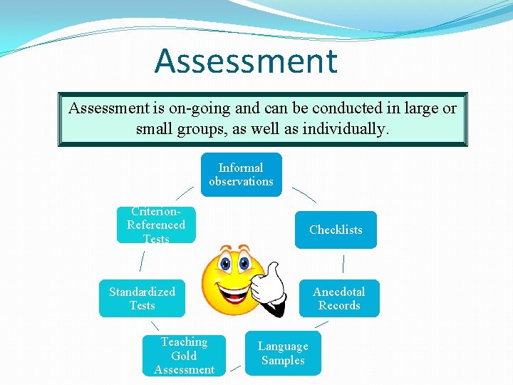 Assessment is on-going and can be conducted in large or small groups, as well