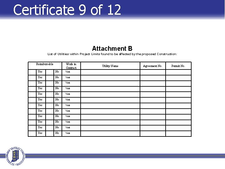 Certificate 9 of 12 Attachment B List of Utilities within Project Limits found to