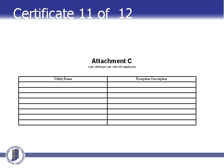 Certificate 11 of 12 Attachment C List Utilities Let with Exceptions Utility Name Exception