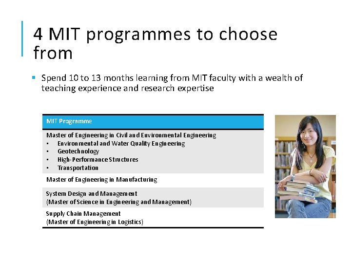 4 MIT programmes to choose from § Spend 10 to 13 months learning from