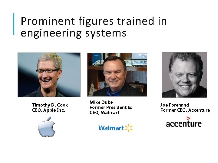 Prominent figures trained in engineering systems Timothy D. Cook CEO, Apple Inc. Mike Duke