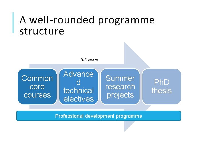 A well-rounded programme structure 3 -5 years Common core courses Advance d technical electives