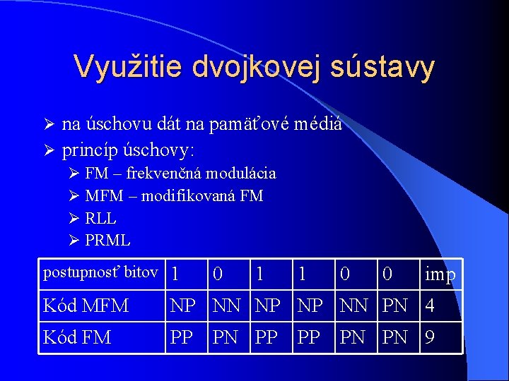 Využitie dvojkovej sústavy na úschovu dát na pamäťové médiá Ø princíp úschovy: Ø Ø