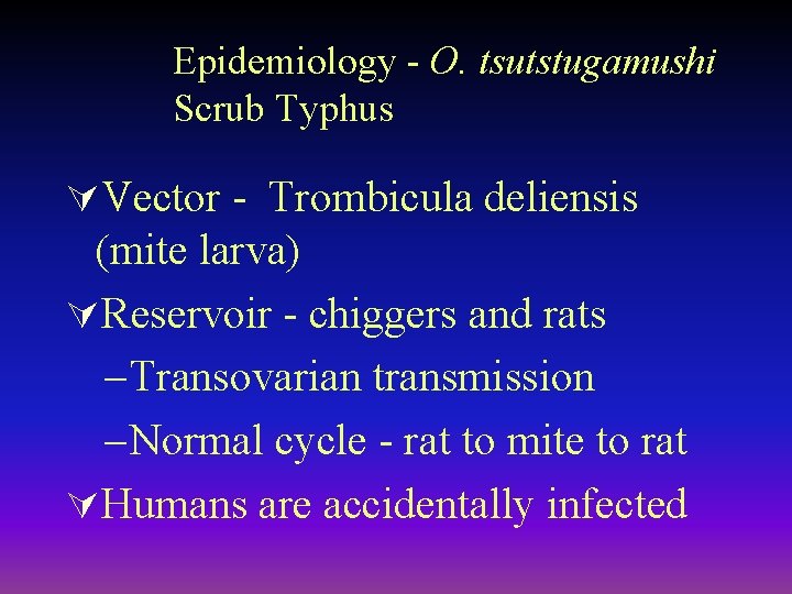 Epidemiology - O. tsutstugamushi Scrub Typhus ÚVector - Trombicula deliensis (mite larva) ÚReservoir -