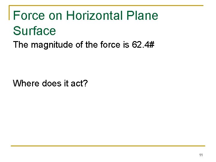 Force on Horizontal Plane Surface The magnitude of the force is 62. 4# Where