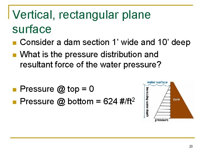 Vertical, rectangular plane surface n n Consider a dam section 1’ wide and 10’