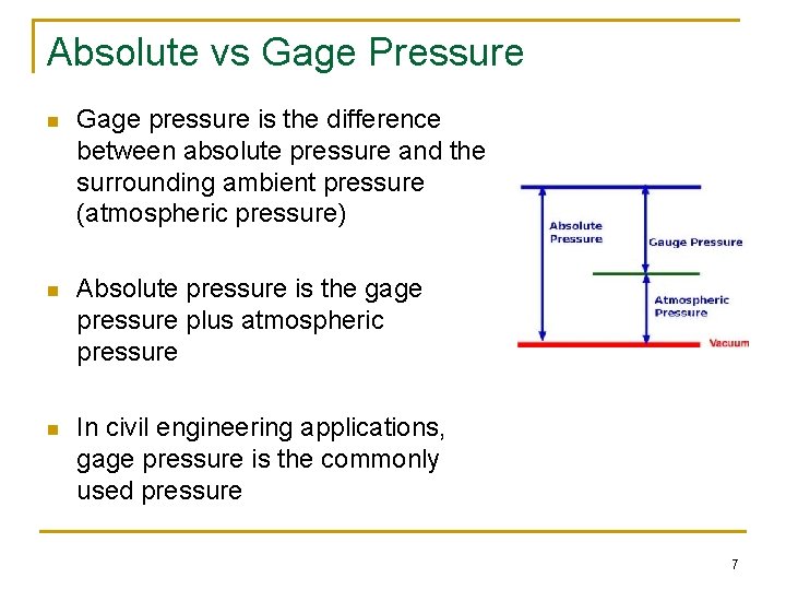 Absolute vs Gage Pressure n Gage pressure is the difference between absolute pressure and