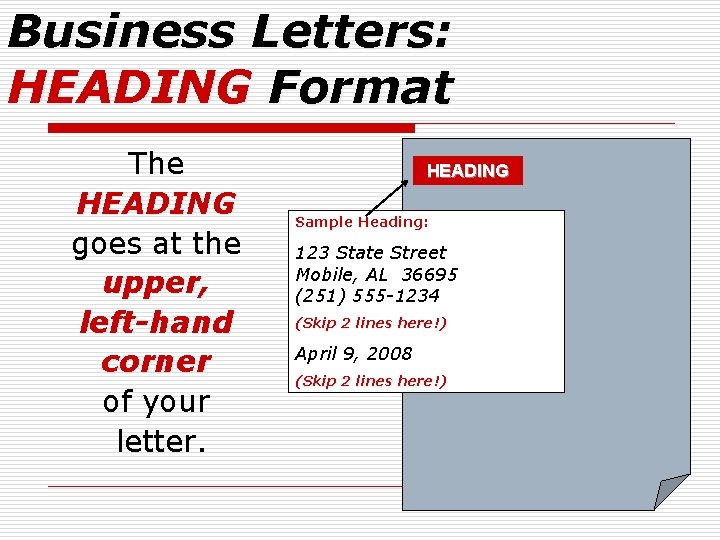 Business Letters: HEADING Format The HEADING goes at the upper, left-hand corner of your