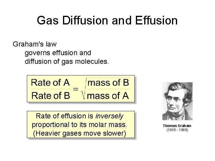 Gas Diffusion and Effusion Graham's law governs effusion and diffusion of gas molecules. Rate