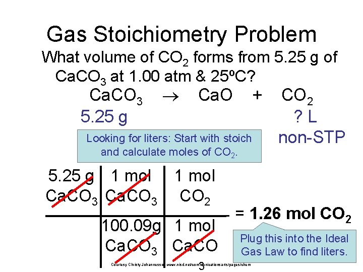 Gas Stoichiometry Problem What volume of CO 2 forms from 5. 25 g of