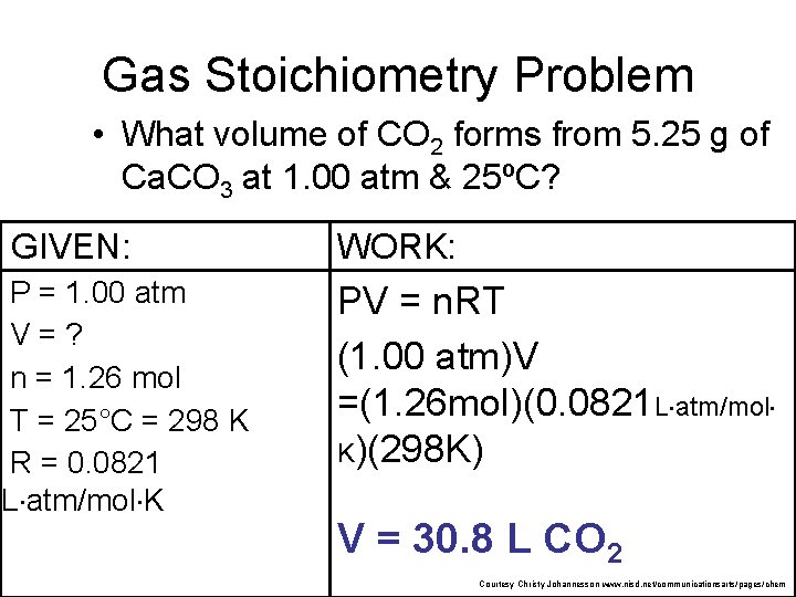 Gas Stoichiometry Problem • What volume of CO 2 forms from 5. 25 g