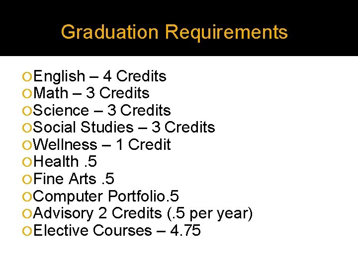 Graduation Requirements English – 4 Credits Math – 3 Credits Science – 3 Credits Graduation Requirements English – 4 Credits Math – 3 Credits Science – 3 Credits