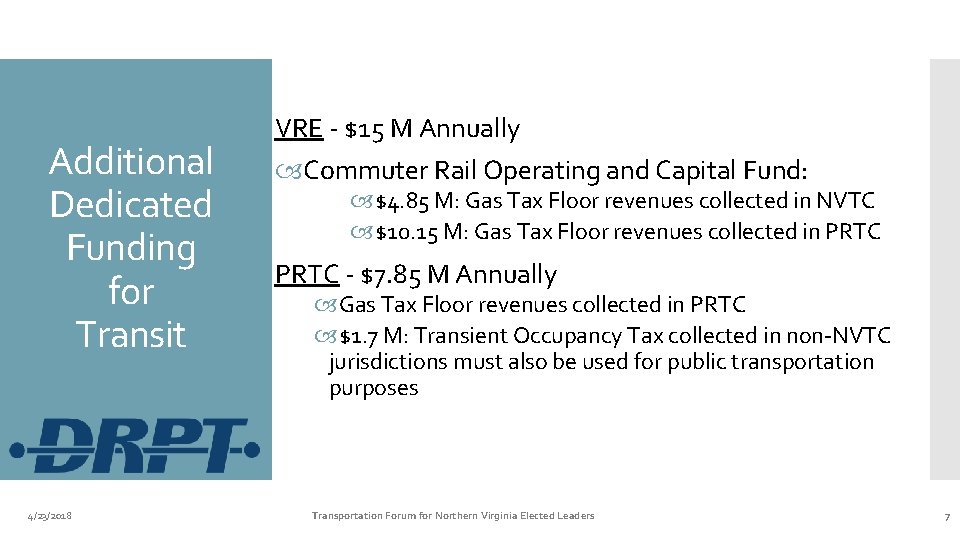 Additional Dedicated Funding for Transit 4/23/2018 VRE - $15 M Annually Commuter Rail Operating