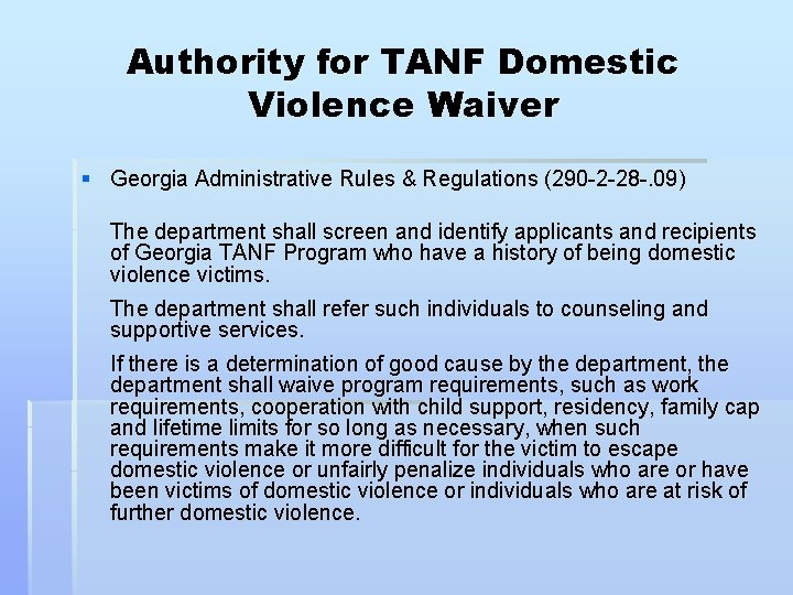 Authority for TANF Domestic Violence Waiver § Georgia Administrative Rules & Regulations (290 -2