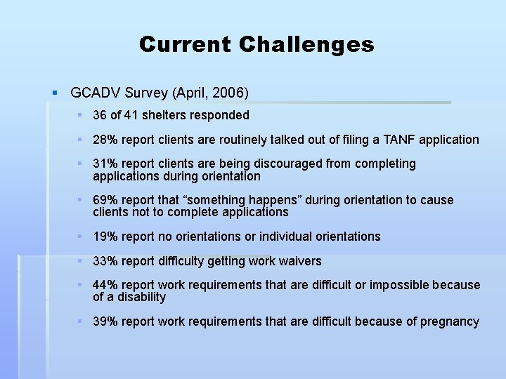 Current Challenges § GCADV Survey (April, 2006) § 36 of 41 shelters responded §