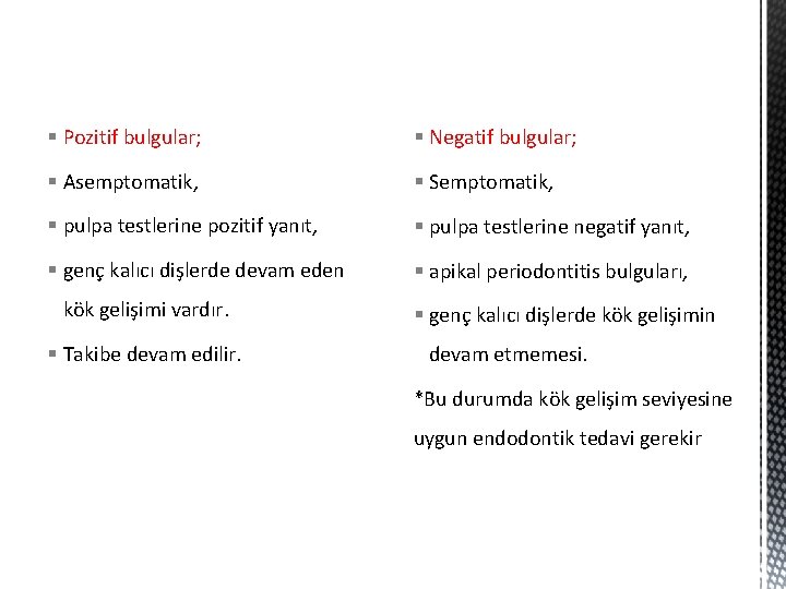 § Pozitif bulgular; § Negatif bulgular; § Asemptomatik, § Semptomatik, § pulpa testlerine pozitif