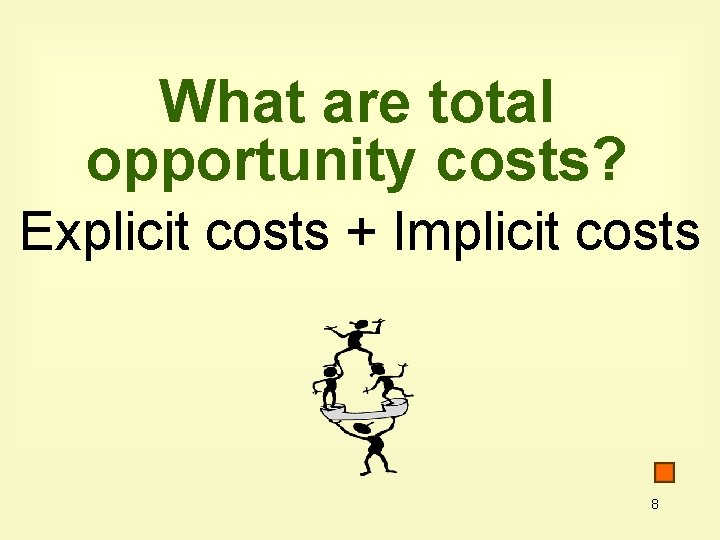 What are total opportunity costs? Explicit costs + Implicit costs 8 