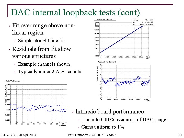 DAC internal loopback tests (cont) • Fit over range above nonlinear region • •