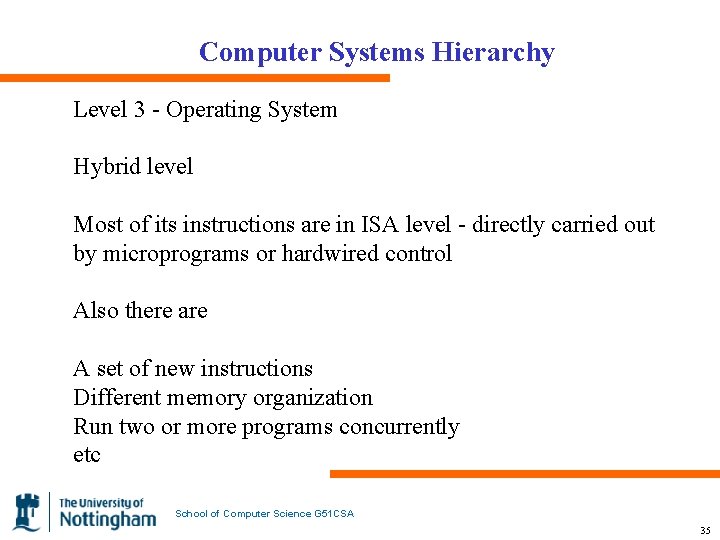 Computer Systems Hierarchy Level 3 - Operating System Hybrid level Most of its instructions