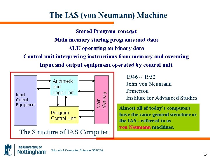 The IAS (von Neumann) Machine Input Output Equipment Arithmetic and Logic Unit Main Memory