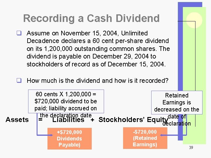 Recording a Cash Dividend q Assume on November 15, 2004, Unlimited Decadence declares a