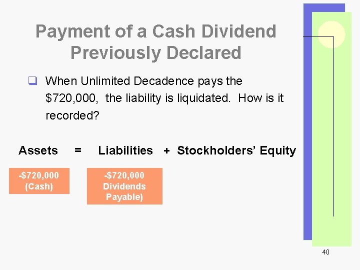 Payment of a Cash Dividend Previously Declared q When Unlimited Decadence pays the $720,